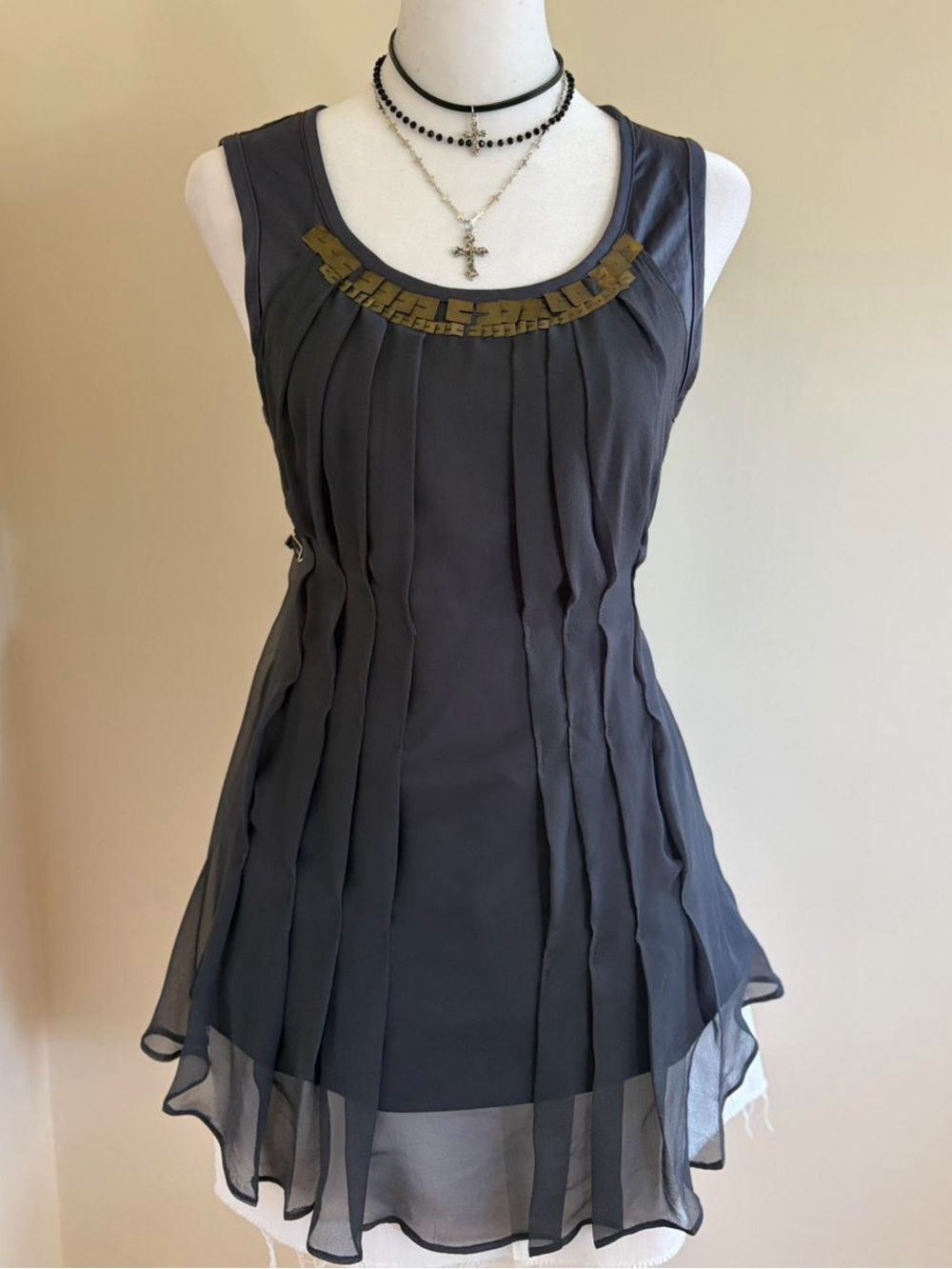 Vintage subversive rockstar indie beaded mcbling grunge gray chiffon top Y2K XS